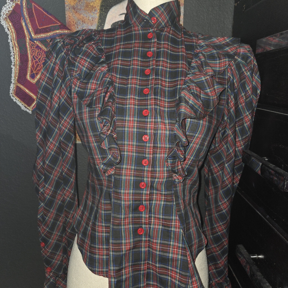 Diane Gilman Plaid Blouse with Red Accents